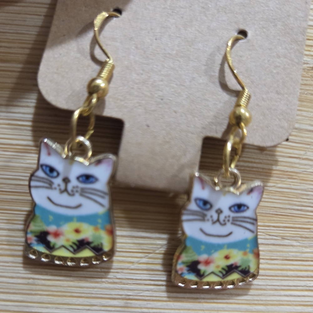 Cat And Floral Earrings with Goldtone Hook